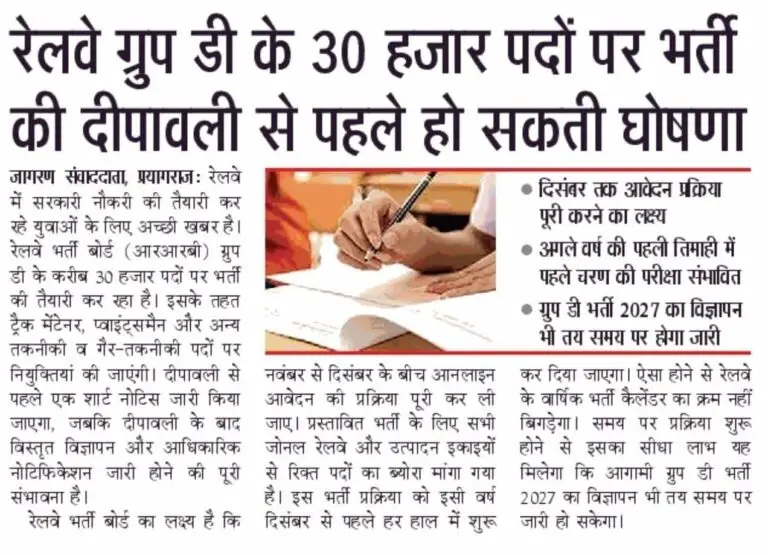 RRB Group D Recruitment 2026 RRB Group D Recruitment 2026: रेलवे ग्रुप डी के 30000 पदों पर संभावित भर्ती